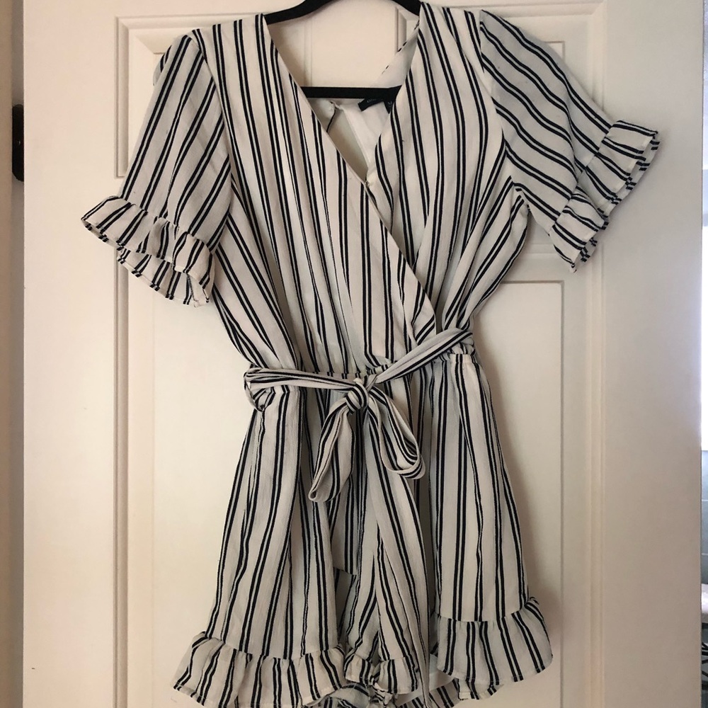 Black and White Striped Ruffled Romper